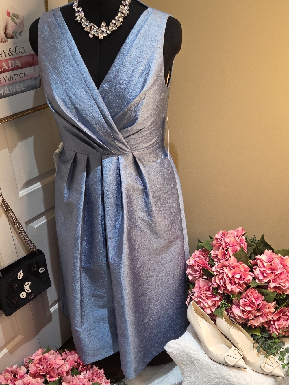 Nwt 16 Size $358 Kay Unger Light Blue Olivia Tea Length Dress V-Neck - Picture 11 of 17